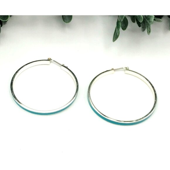 Silver Tone Hoop Earrings With Aqua Enamel Accent - Picture 4 of 7